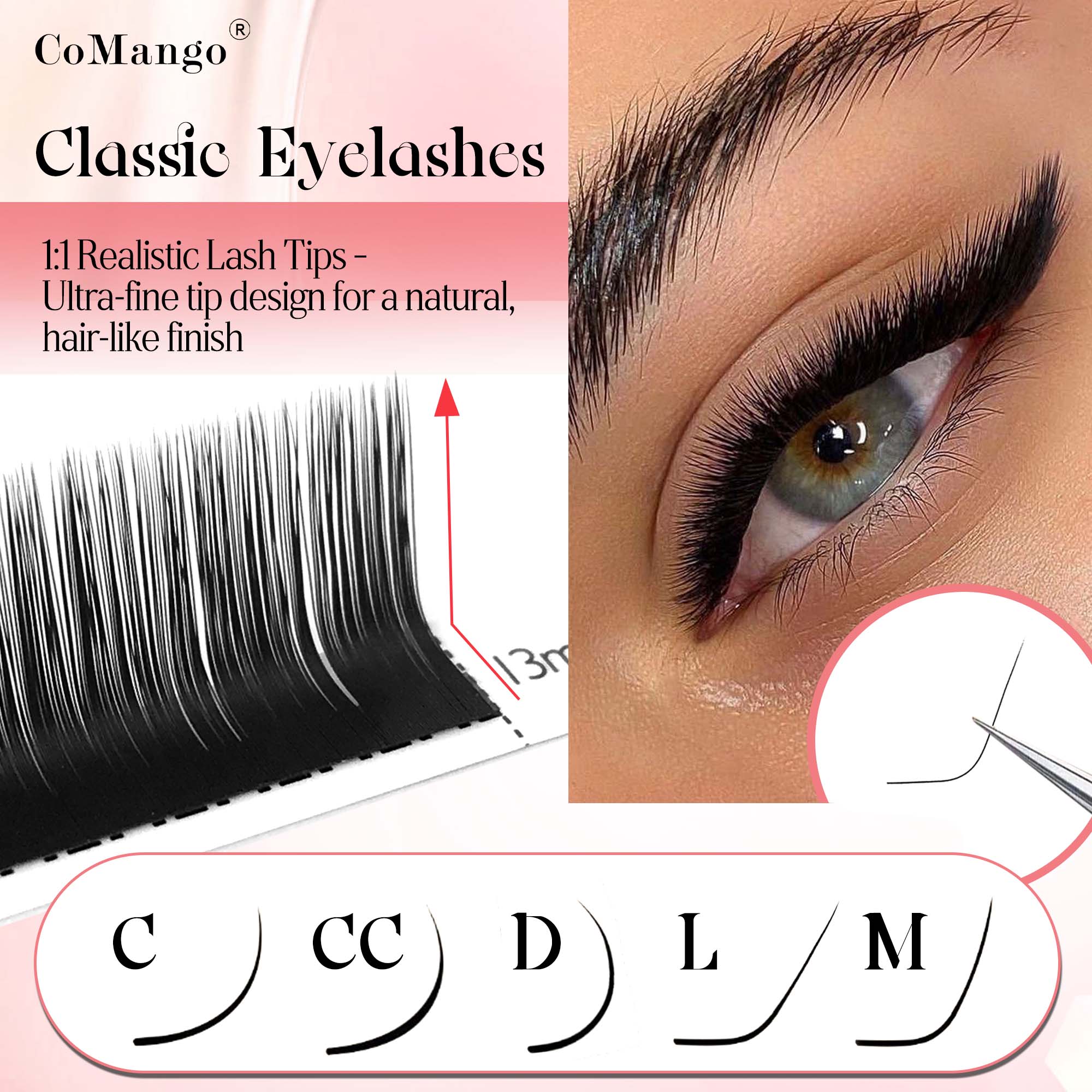 Eyelash Extension Natural Classic - CoMango Klassische Wimpernverlängerung 0,03/0,05/0,07/0,1/0,15 mm Einzelwimpern